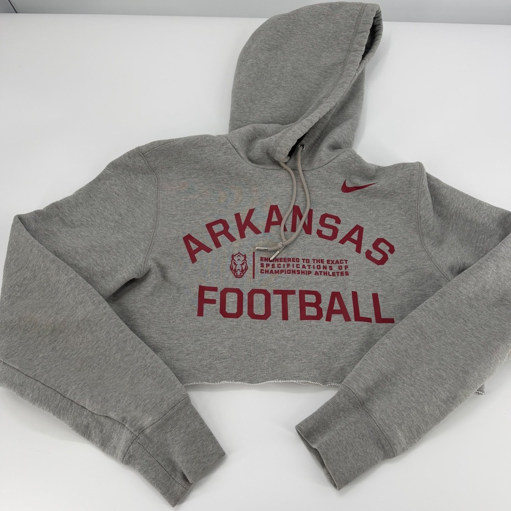 Nike Arkansas Razorback Football Cropped Hoodie Med Gray Raw Hem NCAA Sweatshirt - Picture 7 of 7
